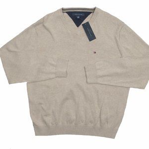 NEW Tommy Hilfiger Sweater! Light Grayish Tan  V Neck Tommy Flag on Chest Cotton